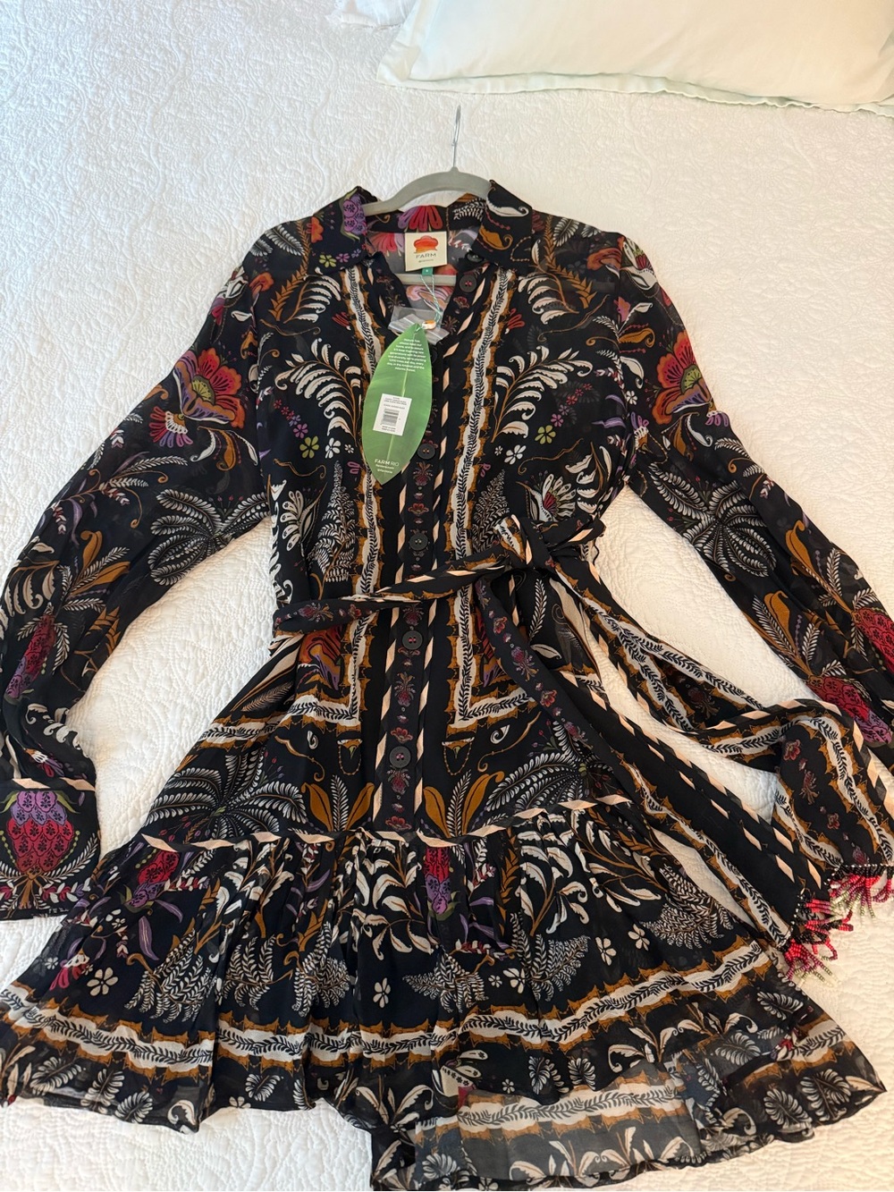 Farm Rio Black Floral Button-Front Long Sleeve Mini Dress